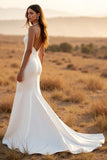 Ivory Mermaid Halter Sweep Train Backless Wedding Dress with Lace
