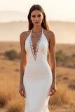 Ivory Mermaid Halter Sweep Train Backless Wedding Dress with Lace