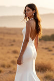Ivory Mermaid Halter Sweep Train Backless Wedding Dress with Lace