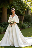 Ivory Satin Half Sleeves V-Neck A Line Sweep Train Wedding Dress