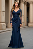 Navy Mermaid V-Neck Maxi Appliqued Mother of the Bride Dress with Drape