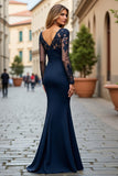 Navy Mermaid V-Neck Maxi Appliqued Mother of the Bride Dress with Drape