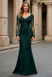 Navy Mermaid V-Neck Maxi Appliqued Mother of the Bride Dress with Drape