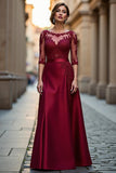 Satin A Line Dark Red Illusion Neck Mother of the Bride Dress with Appliques