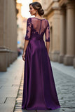Satin A Line Dark Red Illusion Neck Mother of the Bride Dress with Appliques