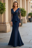 Mermaid Navy V-Neck Ruched Maxi Mother of the Bride Dress with Appliques