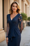 Mermaid Navy V-Neck Ruched Maxi Mother of the Bride Dress with Appliques