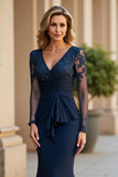 Mermaid Navy V-Neck Ruched Maxi Mother of the Bride Dress with Appliques