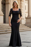 Black Mermaid Appliqued Square Neck Ruched Maxi Mother of the Bride Dress