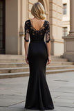 Black Mermaid Appliqued Square Neck Ruched Maxi Mother of the Bride Dress