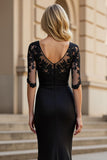 Black Mermaid Appliqued Square Neck Ruched Maxi Mother of the Bride Dress