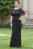 Black Sheath Ruched Round Neck Maxi Mother of the Bride Dress with Drape