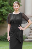 Black Sheath Ruched Round Neck Maxi Mother of the Bride Dress with Drape