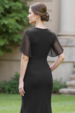 Black Sheath Ruched Round Neck Maxi Mother of the Bride Dress with Drape