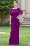 Black Sheath Ruched Round Neck Maxi Mother of the Bride Dress with Drape