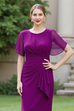 Black Sheath Ruched Round Neck Maxi Mother of the Bride Dress with Drape
