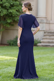 Black Sheath Ruched Round Neck Maxi Mother of the Bride Dress with Drape