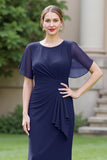Black Sheath Ruched Round Neck Maxi Mother of the Bride Dress with Drape