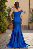Mermaid Royal Blue Satin Ruched One Shoulder Maxi Mother of the Bride Dress