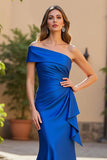 Mermaid Royal Blue Satin Ruched One Shoulder Maxi Mother of the Bride Dress