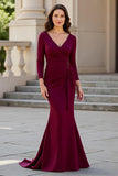 Burgundy Mermaid Satin V-Neck Maxi Mother of the Bride Dress with Sleeves
