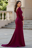 Burgundy Mermaid Satin V-Neck Maxi Mother of the Bride Dress with Sleeves