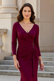 Burgundy Mermaid Satin V-Neck Maxi Mother of the Bride Dress with Sleeves