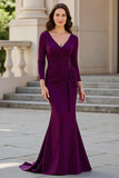Burgundy Mermaid Satin V-Neck Maxi Mother of the Bride Dress with Sleeves