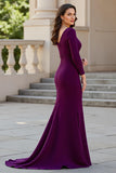 Burgundy Mermaid Satin V-Neck Maxi Mother of the Bride Dress with Sleeves