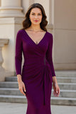 Burgundy Mermaid Satin V-Neck Maxi Mother of the Bride Dress with Sleeves