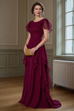 Chiffon Burgundy A Line Ruffled Round Neck Maxi Mother of the Bride Dress