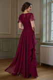 Chiffon Burgundy A Line Ruffled Round Neck Maxi Mother of the Bride Dress