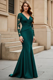 Mermaid Pine V-Neck Satin Ruched Long Sleeves Mother of the Bride Dress