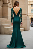Mermaid Pine V-Neck Satin Ruched Long Sleeves Mother of the Bride Dress