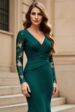 Mermaid Pine V-Neck Satin Ruched Long Sleeves Mother of the Bride Dress