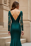 Mermaid Pine V-Neck Satin Ruched Long Sleeves Mother of the Bride Dress