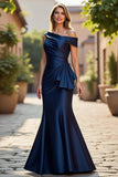 Maxi Navy Mermaid Satin One Shoulder Ruched Mother of the Bride Dress