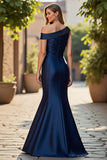 Maxi Navy Mermaid Satin One Shoulder Ruched Mother of the Bride Dress