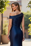 Maxi Navy Mermaid Satin One Shoulder Ruched Mother of the Bride Dress