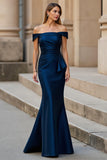 Maxi Navy Mermaid Satin Ruched Off the Shoulder Mother of the Bride Dress