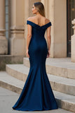 Maxi Navy Mermaid Satin Ruched Off the Shoulder Mother of the Bride Dress