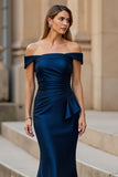Maxi Navy Mermaid Satin Ruched Off the Shoulder Mother of the Bride Dress