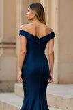 Maxi Navy Mermaid Satin Ruched Off the Shoulder Mother of the Bride Dress
