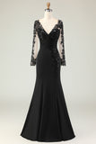 Black Mermaid V-Neck Appliqued Mother of the Bride Dress with Sleeves