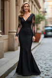 Black Mermaid V-Neck Appliqued Mother of the Bride Dress with Sleeves