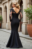 Black Mermaid V-Neck Appliqued Mother of the Bride Dress with Sleeves