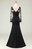 Black Mermaid V-Neck Appliqued Mother of the Bride Dress with Sleeves