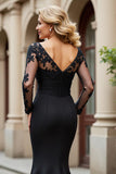 Black Mermaid V-Neck Appliqued Mother of the Bride Dress with Sleeves