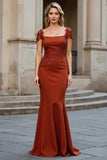 Maxi Rust Satin Mermaid Square Neck Mother of the Bride Dress with Appliques