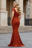 Maxi Rust Satin Mermaid Square Neck Mother of the Bride Dress with Appliques